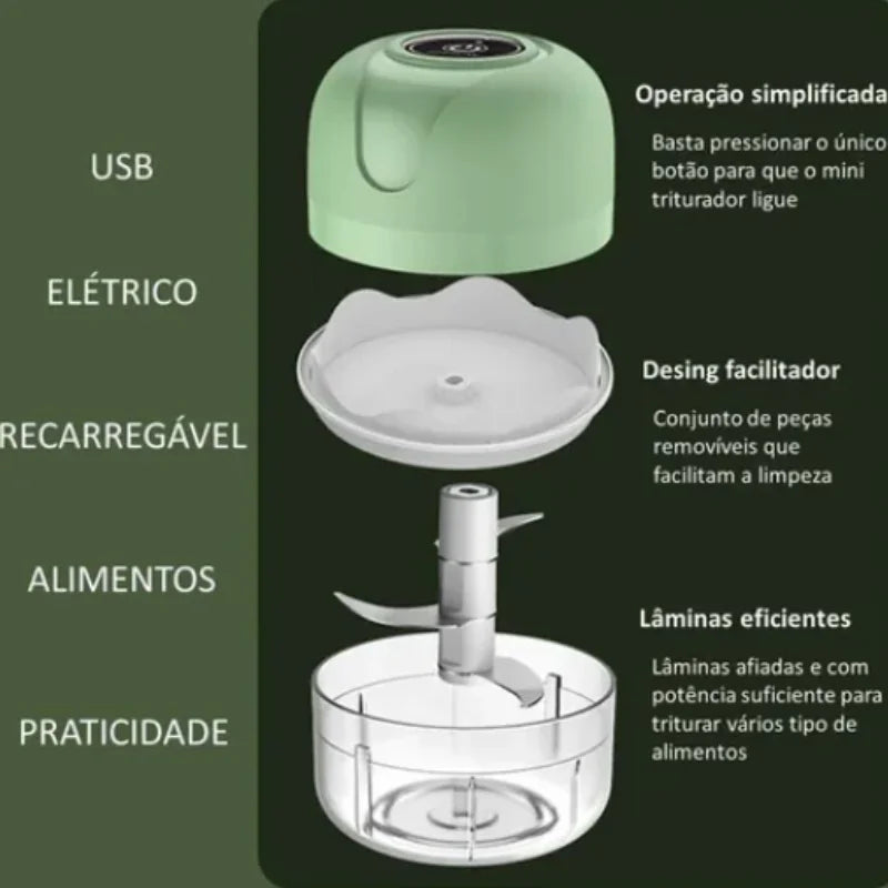 Processador Elétrico de Alimentos Portátil com 3 lâminas de aço inox